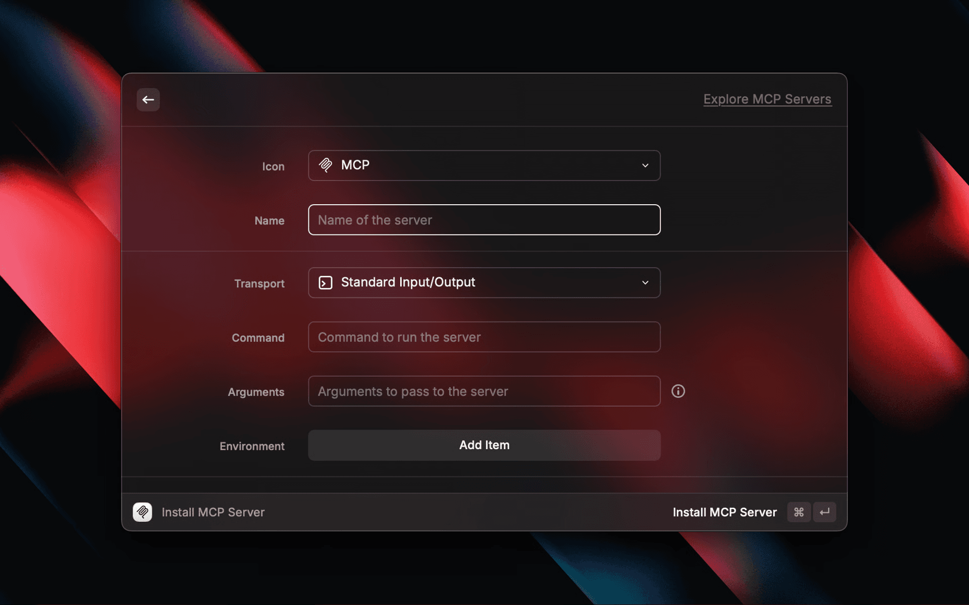 Screenshot of the Install MCP Server command in Raycast v1